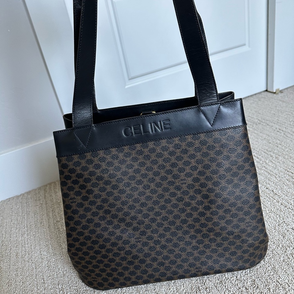 Vintage Celine Black and Brown Leather Side Zip Tote Bag